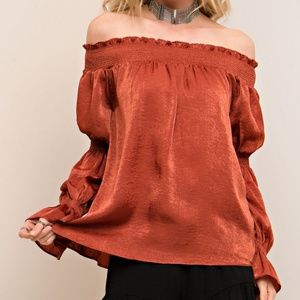 ENTRO Silky Off-Shoulder Smoked Tunic Top Cinnamon